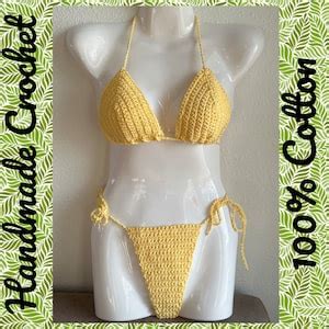 M Cotton Crochet Bikini Top With Thong Bottom Medium Sunshine Yellow Etsy