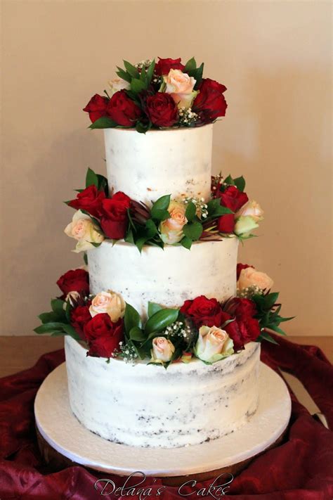 Delana S Cakes Semi Naked Wedding Cake With Deep Red And Light Pink Roses