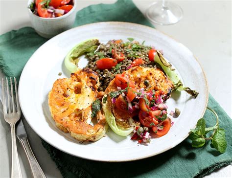 Roast Cauliflower Steaks With Salsa And Lentils Recipe Abel And Cole