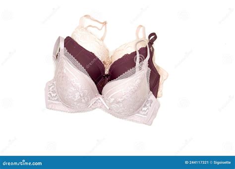 Three Different Color Woman Lace Bra Isolated On White Stylish Lingerie Flat Lay Stock Image