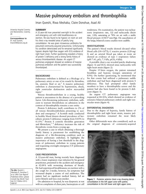 Pdf Massive Pulmonary Embolism And Thrombophilia