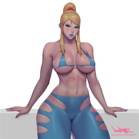 Pinkdrawz Samus Aran Original Girl Alternate Costume Blonde Hair Blue Bra Blue Eyes