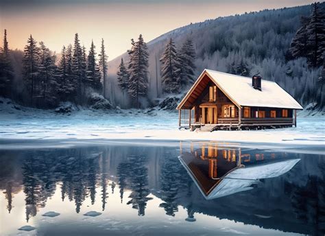 Premium Ai Image Winter Retreat Cozy Cabin By A Frozen Lake With