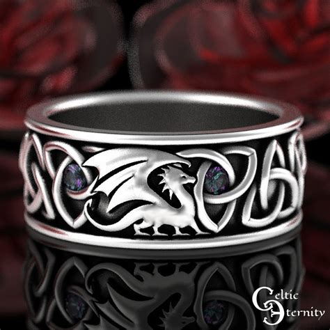 Alexandrite Welsh Dragon Ring Sterling Mens Dragon Wedding Band