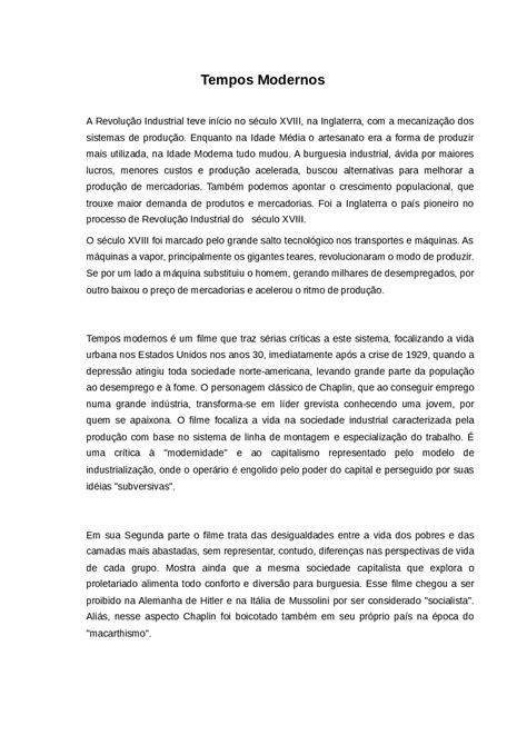 Resumo Do Filme Tempos Modernos Para Trabalho Escolar - Tempos Modernos - Sinopse do filme "Tempos Modernos". - Docsity