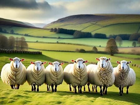 A Herd Of Sheep Standing On Top Of A Lush Green Field Image Design Id