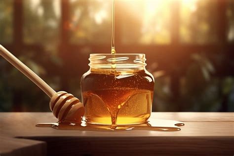 Honey dripping from wooden dripper. Generate ai