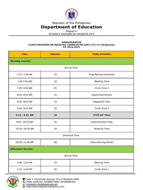 kindergarten program schedule