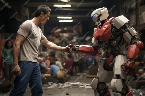 Premium Photo Robot Superhero Battling Villains In A City