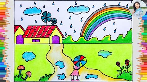 rainy season scenery drawing rainbow scenery drawing easy