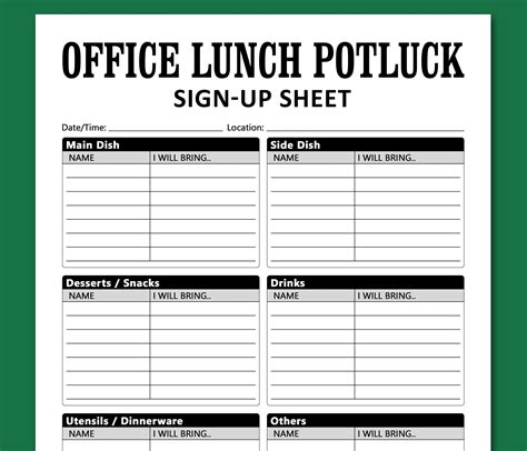 Printable Potluck Sign Up Sheet Template