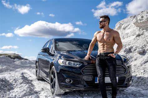 Shirtless Muscular Man With Car Naked Fit Macho With Torso Stock Image Image Of Portrait