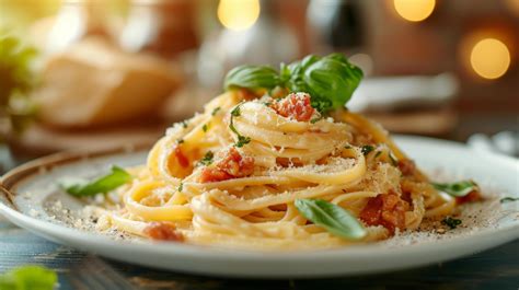 AI generated Pasta carbonara with a basil cross on top. Blurred