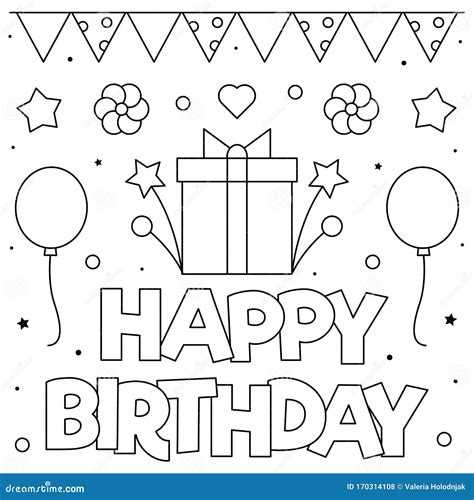 Happy Birthday. Coloring Page. Black and White Vector Illustration