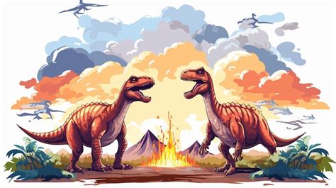 Prehistoric Dinosaurs Living Near Volcano Illustration Premium AI