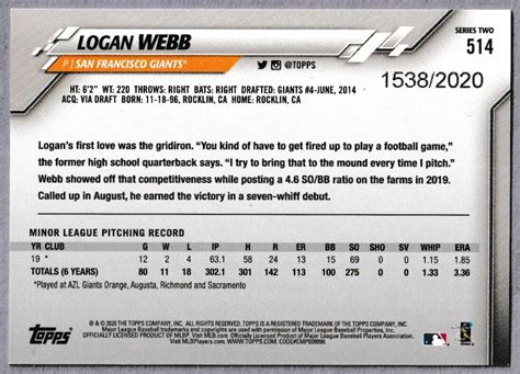 Topps Series Gold Parallel Logan Webb Rc San