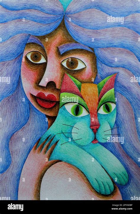 Colorful drawing of girl hugging her cat Stock Photo - Alamy