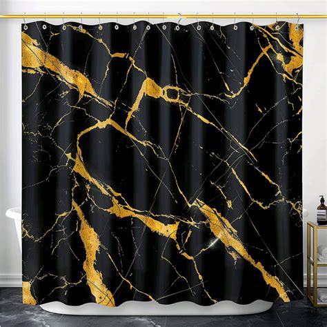 Black And Gold Marble Print Shower Curtain With Golden Veins 3D Render