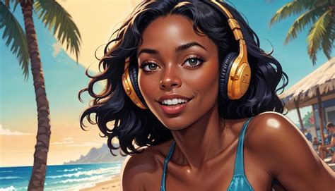 Woman Wear Bikini Dark Skin Dj On The Beach Graphic Illustration Comic Art Graphic Novel Art