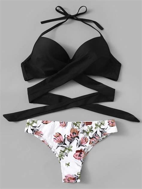 Wrap Halter Top With Random Floral Bikini Shein Bikinis Floral