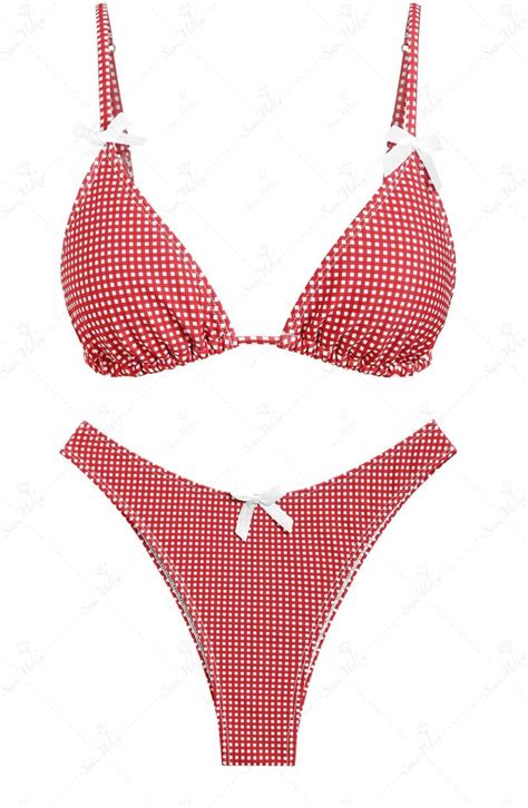Amazon Womens Red Gingham Bow Decor Swimwear Triangle High Waisted Two Piece Bikini