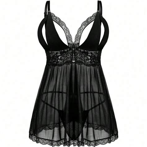 Donnalla Plus Size Lingerie For Women Piece Contrasting Lace Babydoll Lingerie Set V Neck