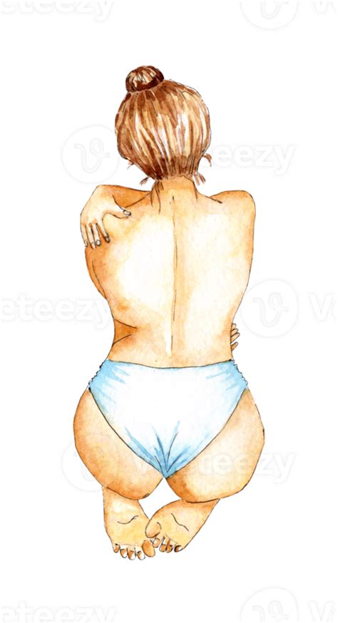 Watercolor Illustration Of A Naked Girl Sitting With Her Back And Hugging Herself Pose For A