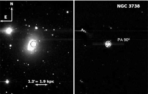 R band left and continuum subtracted H α right images of NGC 3738