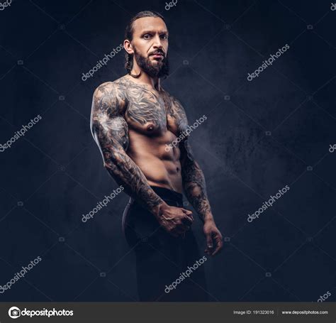 Portrait Muscular Naked Bearded Tattooed Male Stylish Haircut Sport Trousers Stock Photo By