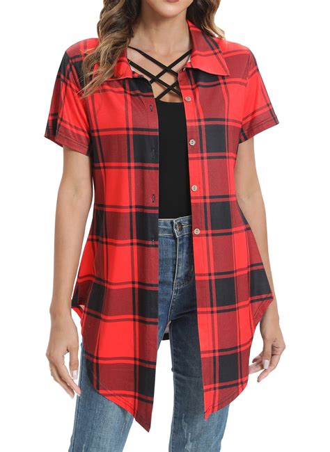 Fantaslook Short Sleeve Womens Button Down Shirts Casual Plaid Blouses Tunic Tops Irregular Hem