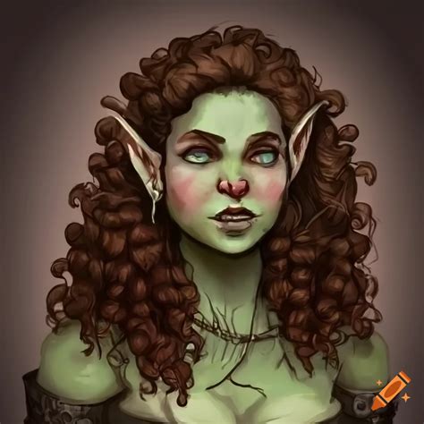 A Chubby Female Half Orc Half Elf With Curly Dark Brown Hair