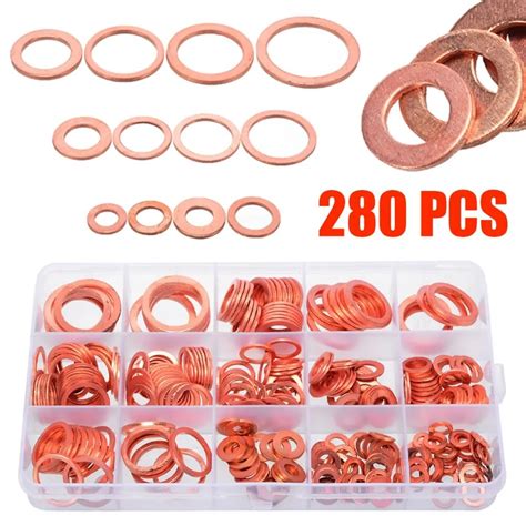 280pcs Assorted Solid Copper Gasket Kit 12 Sizes Washers Sealing Ring