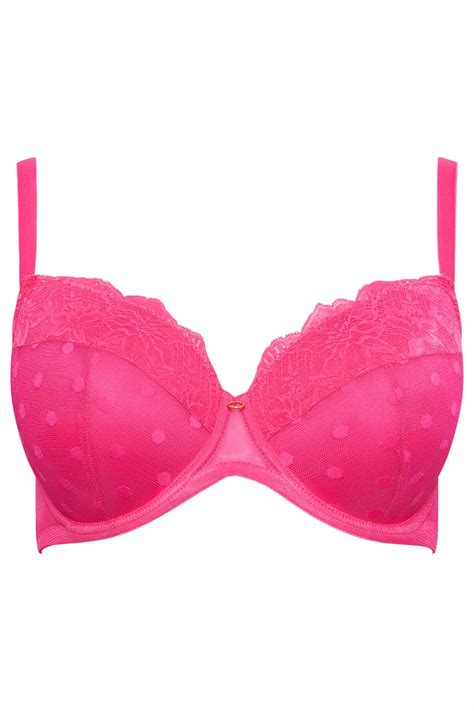 Yours Plus Size Hot Pink Dot Print Lace Padded Bra Yours Clothing