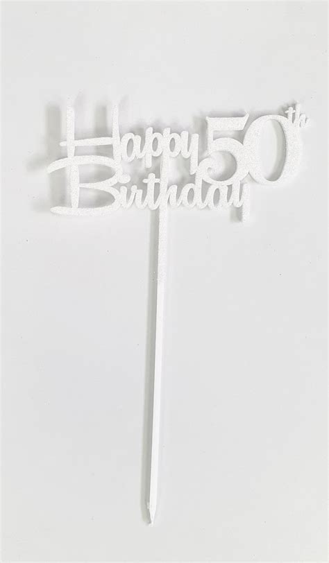 Acrylic Cake Topper 50th Birthday White Glitter The Partys Here