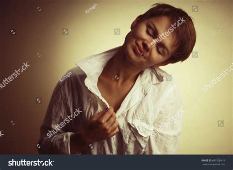 Studio Portrait Brunette Short Haircut Stock Photo Shutterstock