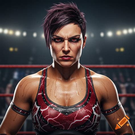 illustrated female wrestler  dark hair   red  white outfit