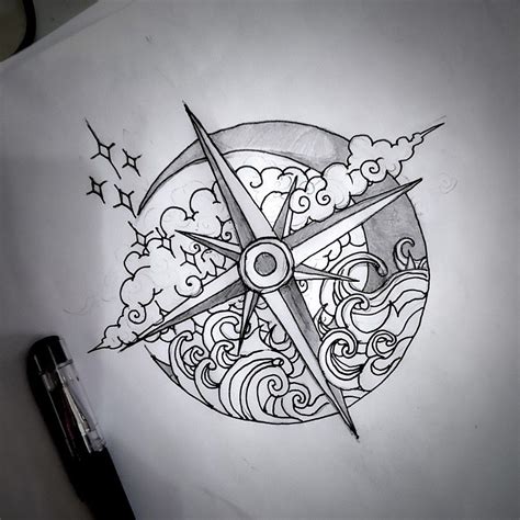 Compass Tattoo With Water Element Compass Tattoo Compass Tattoo Design Compass Drawing