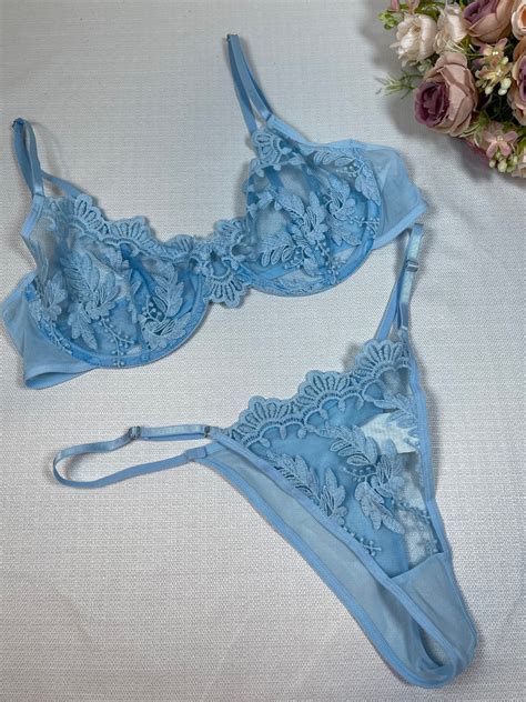 Sexy Baby Blue Sheer Lingerie Set Matching Bra And Panty Set Etsy