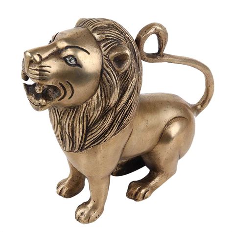 Handmade Antique Golden Brass Sitting Lion Statue