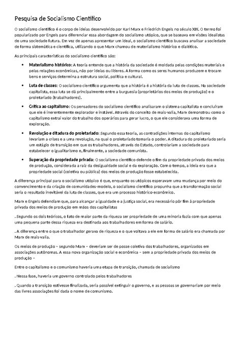 Escreva Um Pequeno Texto Sobre O Socialismo Científico