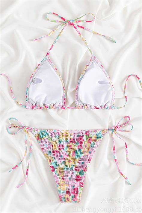 Flower Print Crinkle Triangle Halter Tie Side Bikini Set Shopperboard