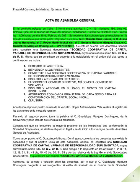 Acta De Asamblea Cooperativa Av Cola Marquez Y Asociados Copia Acta