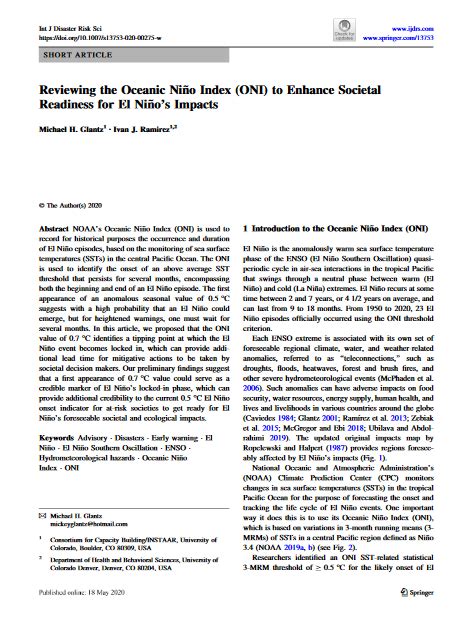 Reviewing The Oceanic Ni O Index Oni To Enhance Societal Readiness