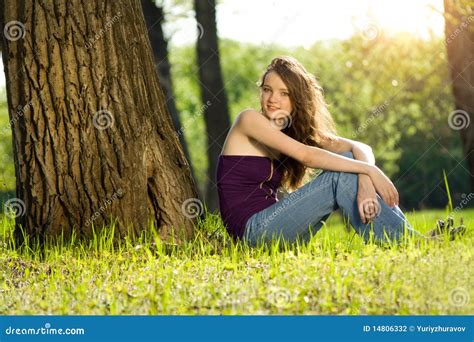 Beautiful Teen Girl In Forest Smile Stock Photo Image Of Brunette Cheerful