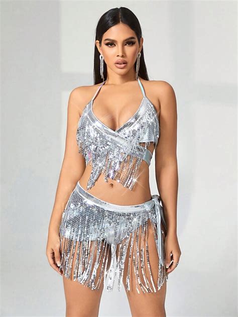 Apperloth A Pcs Metallic Bikini Set Rave Sequin Fringe Trim Tie Backless Halter Top Knot Side