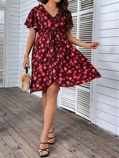 Shein Vcay Plus Allover Floral Print Butterfly Sleeve Belted Dress Shein Usa