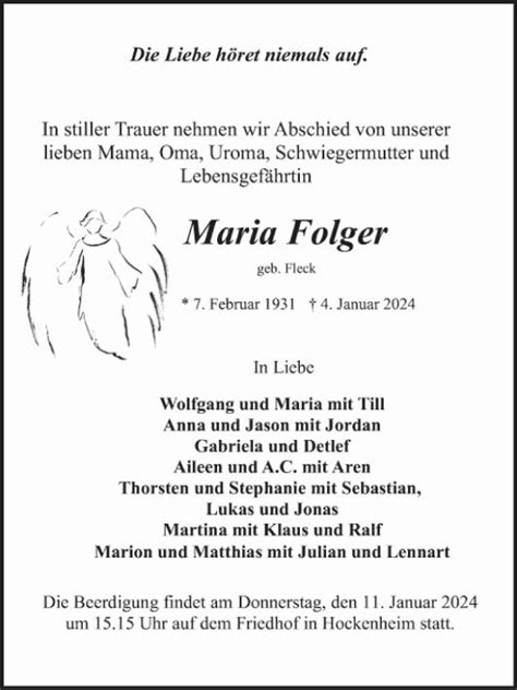 Traueranzeigen Von Maria Folger Trauerportal Ihrer Tageszeitung