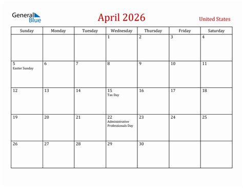 April 2026 Monthly Calendar with United States Holidays