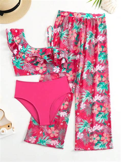 Chicas Bañador bikini con estampado tropical ribete con fruncido con pantalones cover up Moda