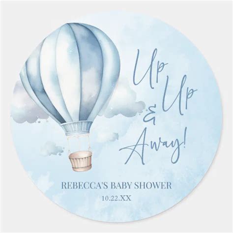 Up Up And Away Blue Hot Air Balloon Baby Shower Classic Round Sticker Zazzle